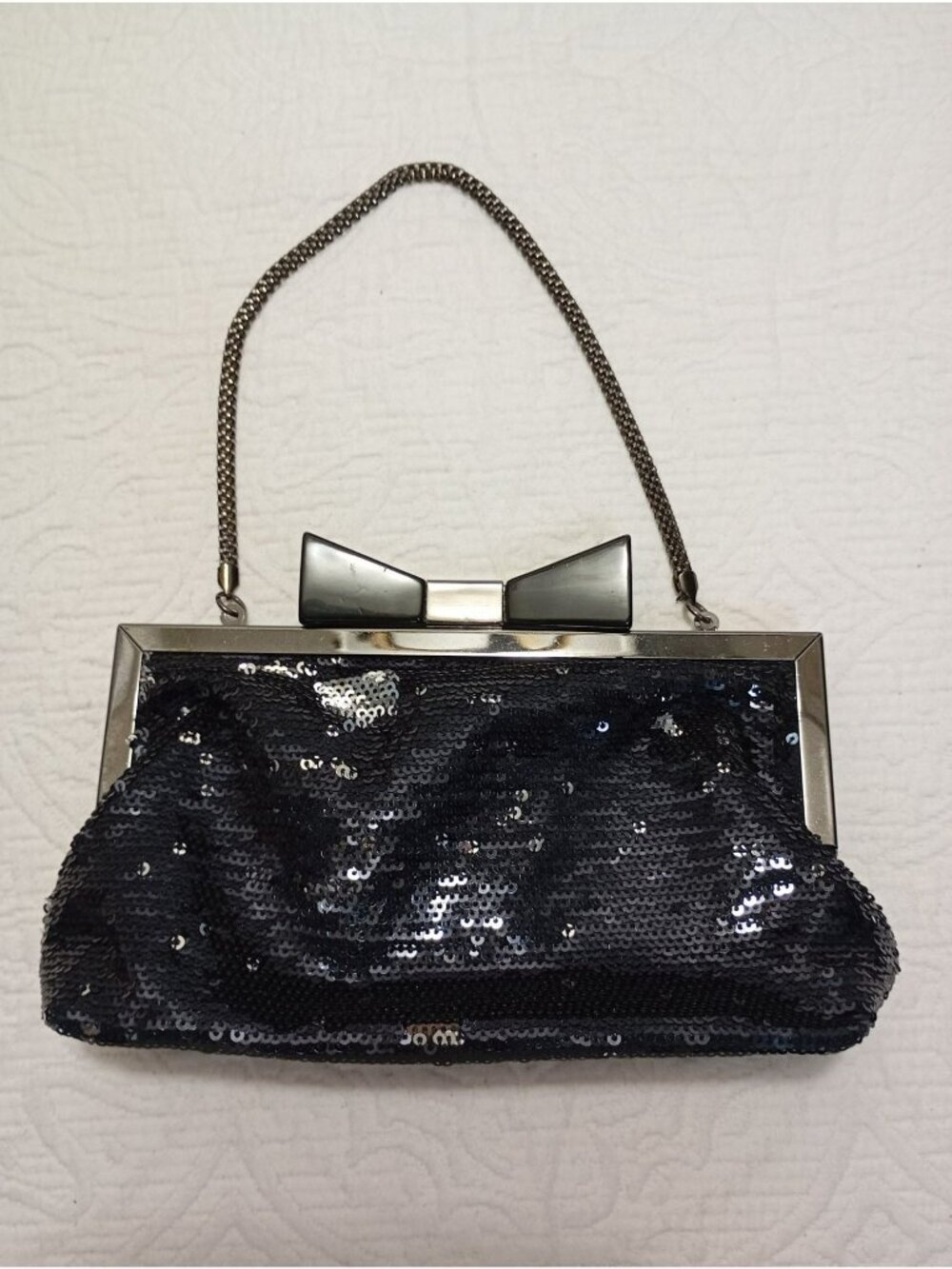 Black Sequin Bow Clutch Purse With Silver Chain Strap By Omely